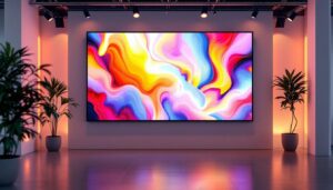 A photograph of a modern temporary wall installation featuring an led display