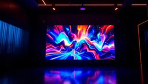 A photograph of a vibrant led display in a dimly lit environment