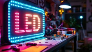 A photograph of a vibrant led sign in a creative workspace