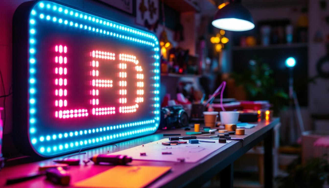 A photograph of a vibrant led sign in a creative workspace
