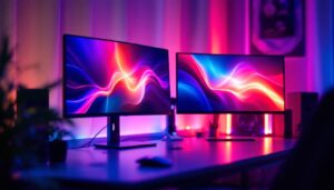 A photograph of a sleek double pc monitor stand displaying vibrant led screens