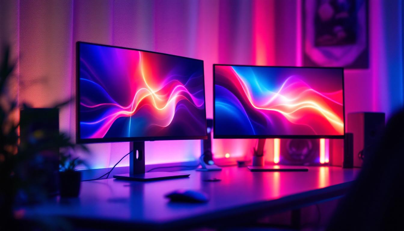 A photograph of a sleek double pc monitor stand displaying vibrant led screens