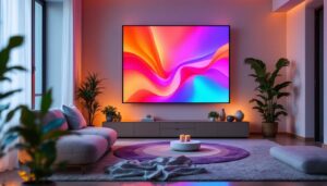 A photograph of a cozy indoor setting featuring a modern led display privacy screen