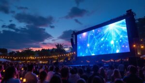 A photograph of a vibrant outdoor setting featuring a large led projection screen displaying a dynamic image or video