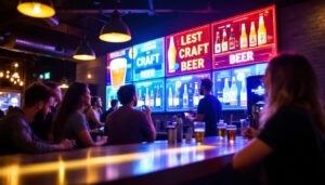 A photograph of a vibrant led display at resolute brewery showcasing their latest craft beers