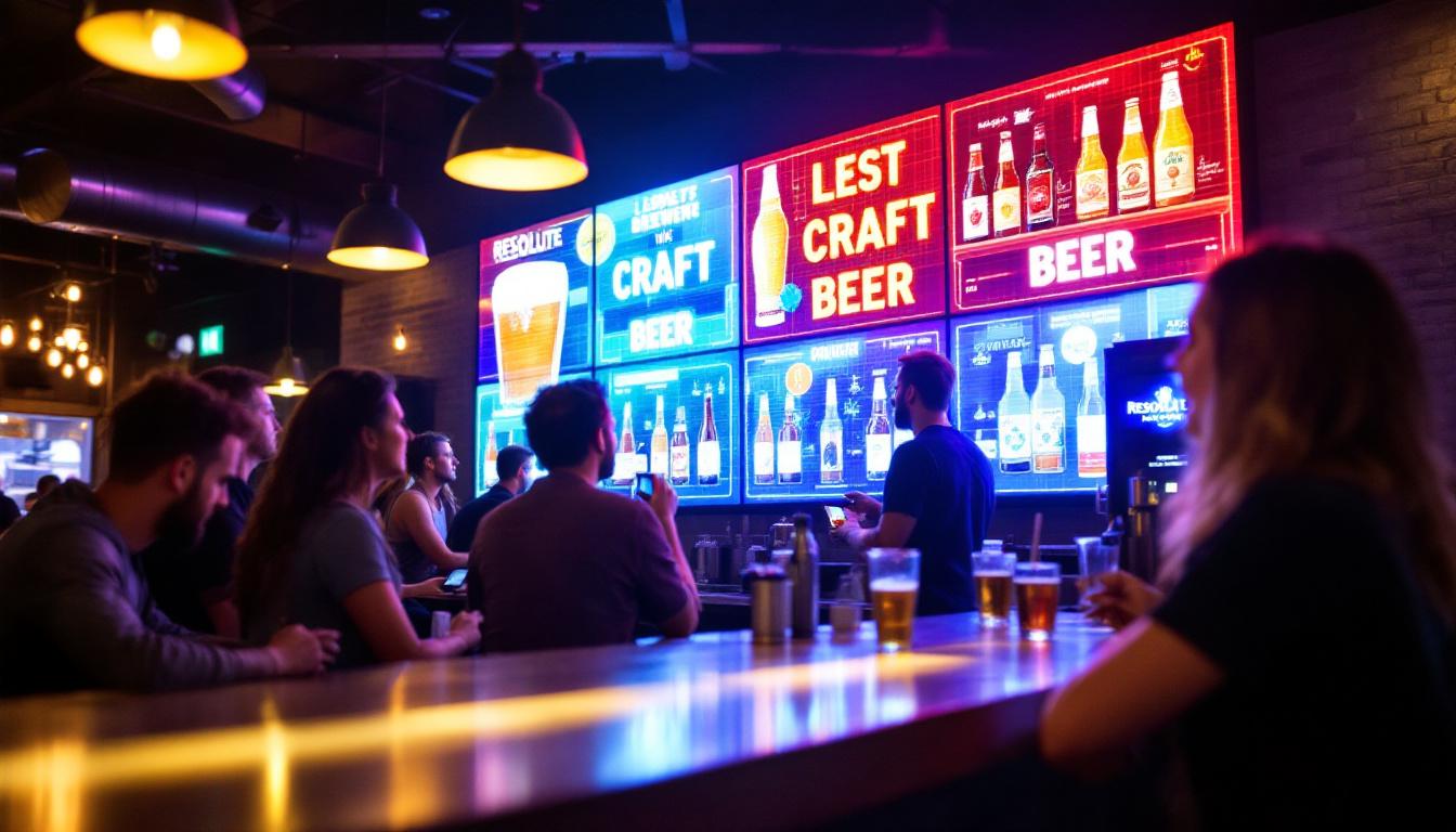 A photograph of a vibrant led display at resolute brewery showcasing their latest craft beers