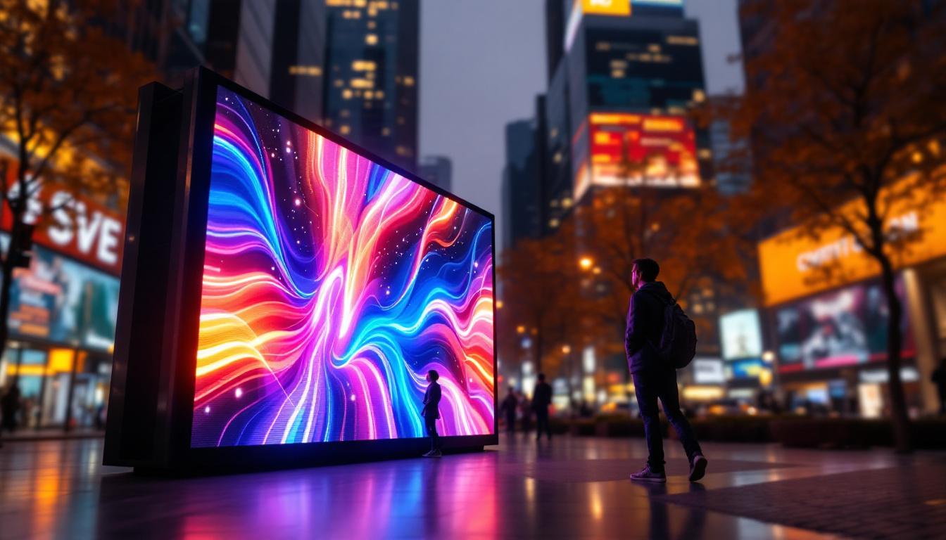 A photograph of a vibrant led display in an urban setting