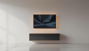 A photograph of capture a photograph of a stylish floor-to-ceiling narrow cabinet featuring an integrated led display
