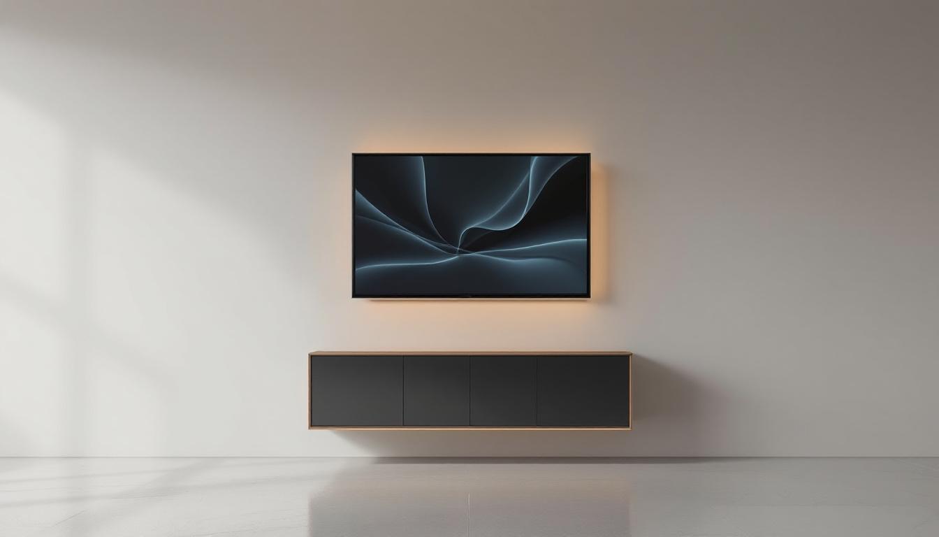 A photograph of capture a photograph of a stylish floor-to-ceiling narrow cabinet featuring an integrated led display