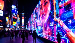 A photograph of a vibrant led display in action