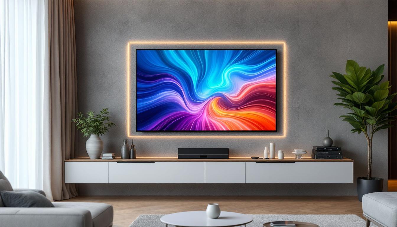 A photograph of a modern living room featuring a stylish led display integrated into a decorative wall
