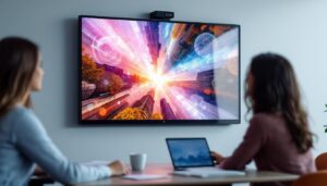 A photograph of capture a photograph of a clear touch interactive panel in an engaging classroom or meeting room setting