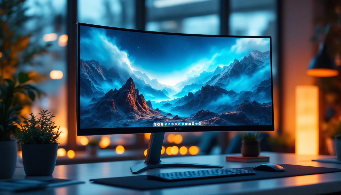 A photograph of capture a photograph of a sleek all-in-one curved computer with an led display in a modern workspace setting