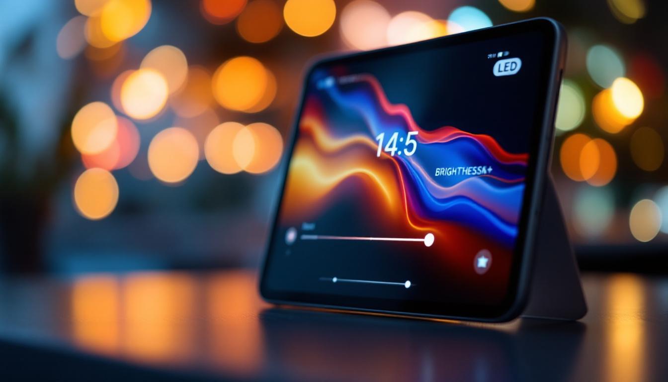 A photograph of a close-up shot of a smartphone or tablet screen displaying a vibrant led monitor brightness adjustment interface