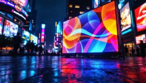 A photograph of a vibrant led display in a dynamic urban setting