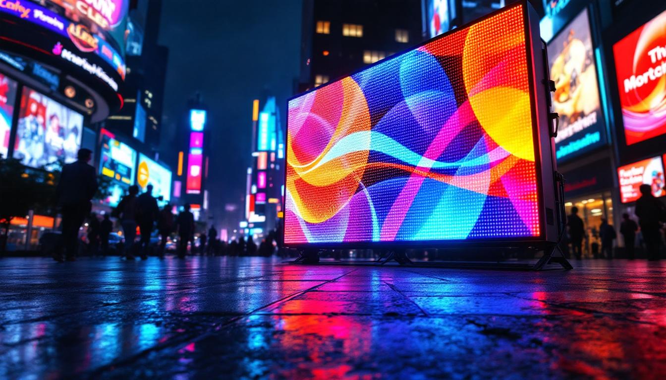 A photograph of a vibrant led display in a dynamic urban setting