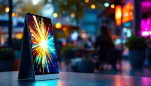 A photograph of capture a photograph of a vibrant aluminum snap edge a-frame sign displaying an eye-catching led graphic in an outdoor setting