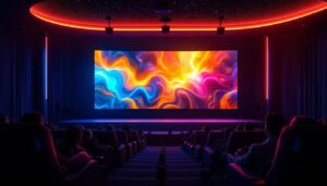 A photograph of a modern movie theater interior showcasing a vibrant led display