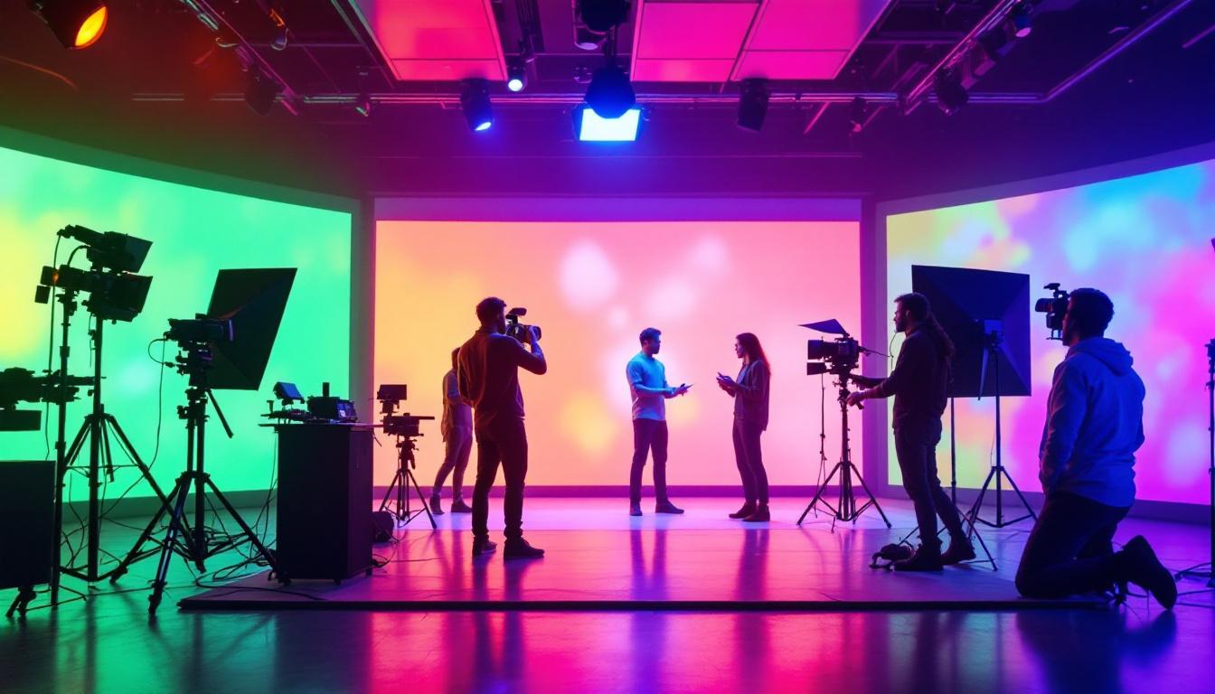 A photograph of a vibrant virtual production studio featuring an led display backdrop