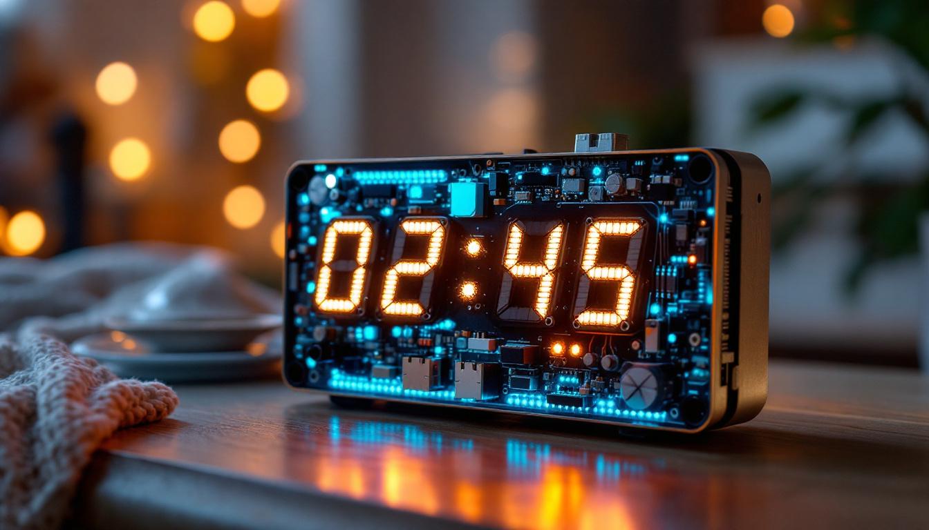 A photograph of a beautifully crafted mantle clock kit with an led display