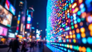 A photograph of a vibrant led display in action