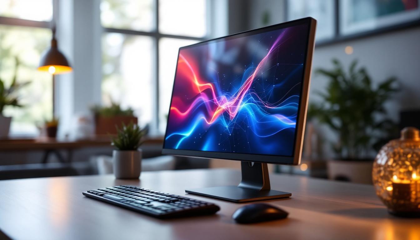 A photograph of a sleek touch screen desktop setup featuring a vibrant led display