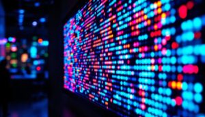 A photograph of capture a photograph of a vibrant led display showcasing dynamic pixel art or colorful animations