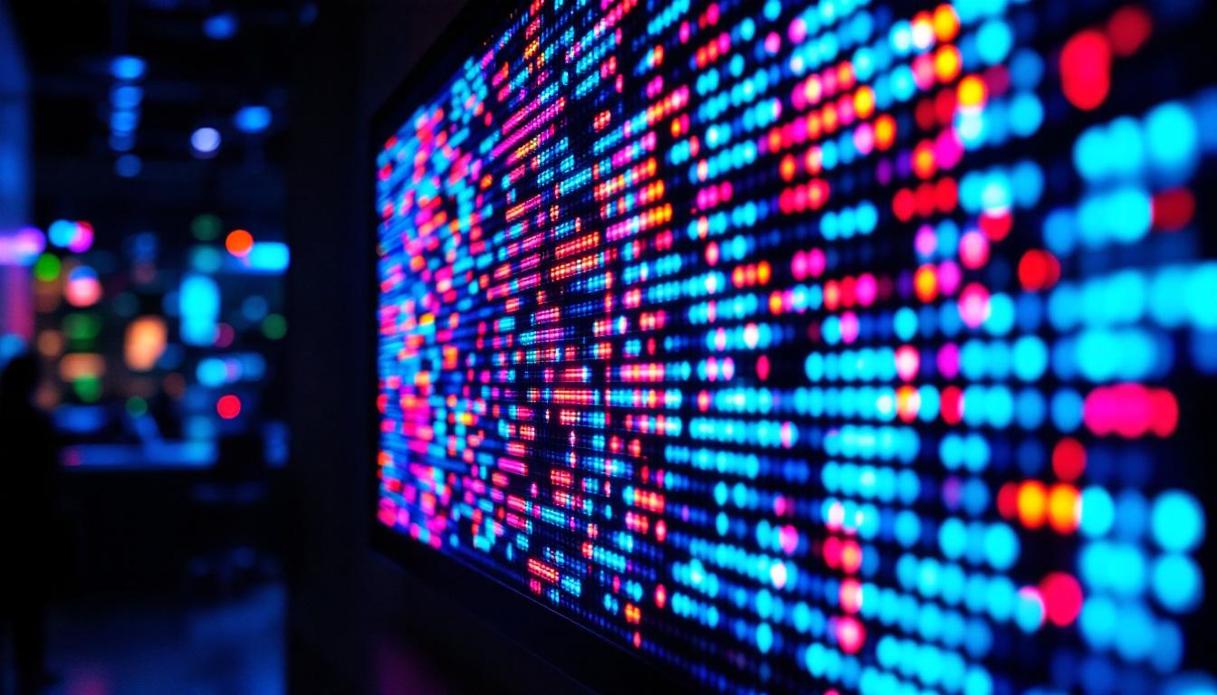 A photograph of capture a photograph of a vibrant led display showcasing dynamic pixel art or colorful animations