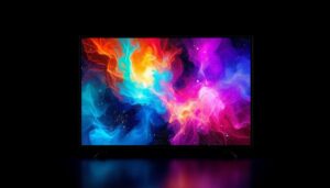 A photograph of a sleek led display showcasing vibrant visuals against a stark black background