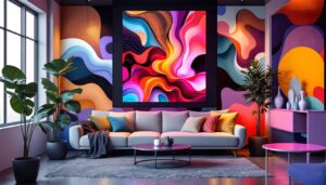 A photograph of a stylish interior featuring large-scale peel and stick wallpaper with an led display integrated into the design