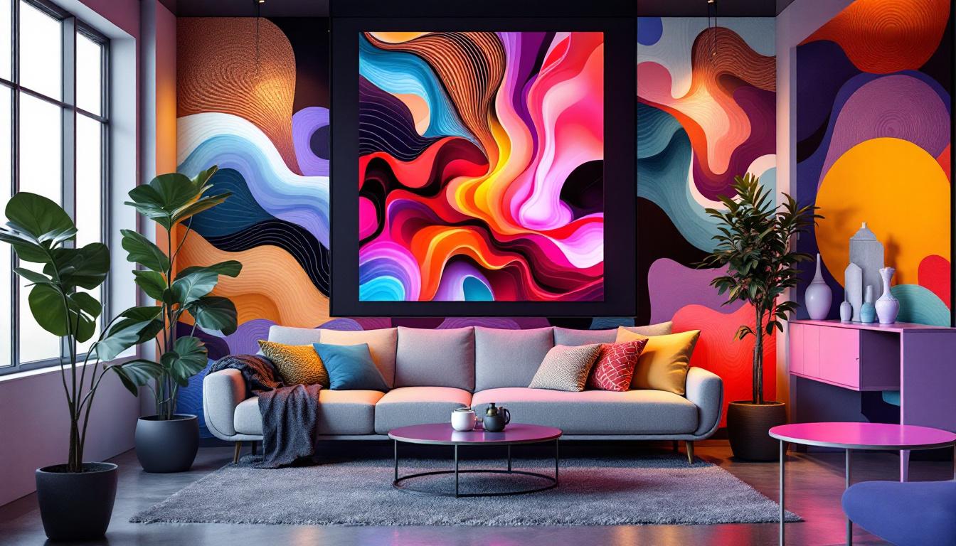 A photograph of a stylish interior featuring large-scale peel and stick wallpaper with an led display integrated into the design