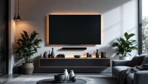 A photograph of a modern living room that features a stylish wall-mounted led tv