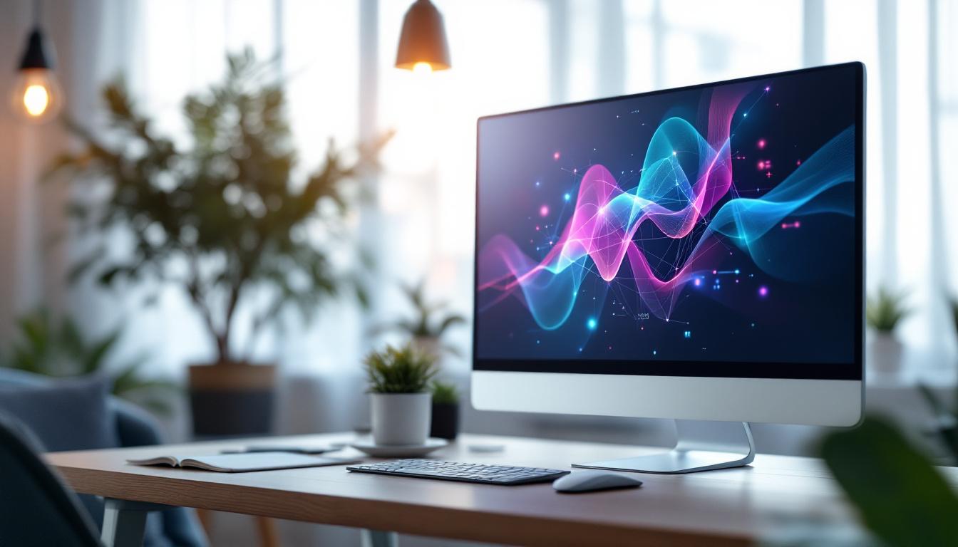 A photograph of a modern touch screen monitor displaying vibrant led graphics in an office or home setting