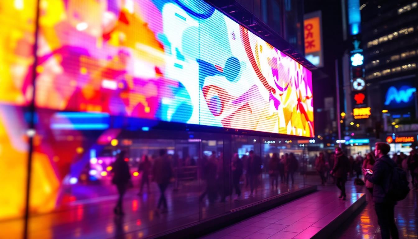 A photograph of a vibrant led display in a bustling urban environment