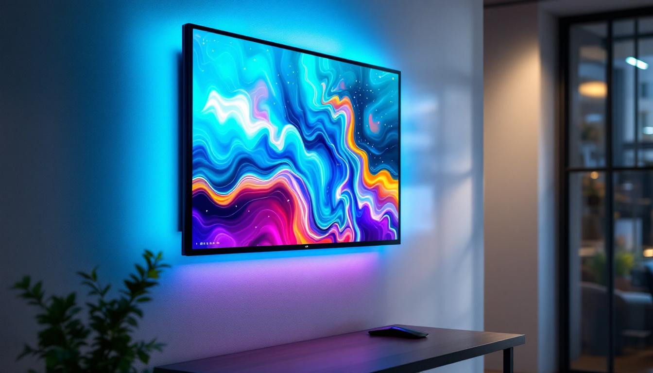 A photograph of a sleek wall-mounted touch screen computer displaying vibrant visuals