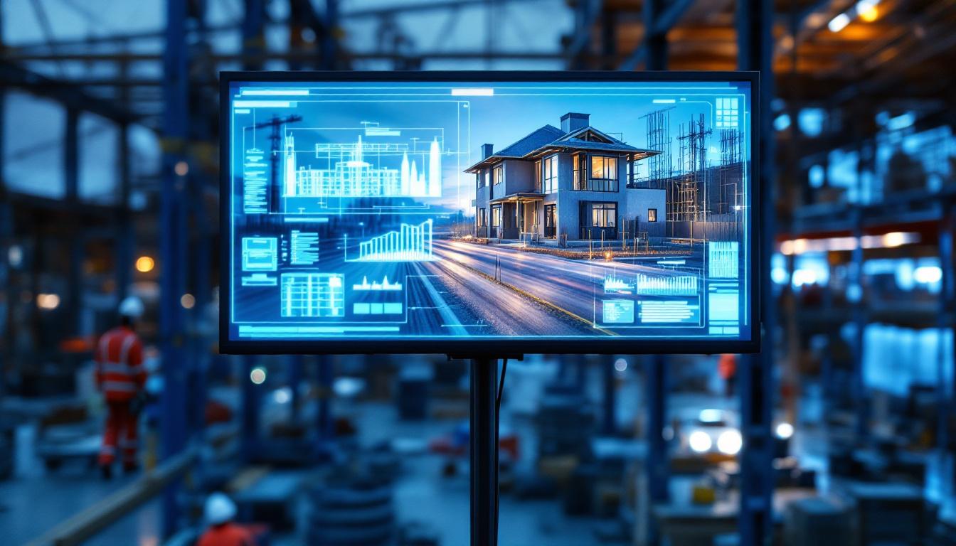 A photograph of a brightly lit led display showcasing construction plans and blueprints