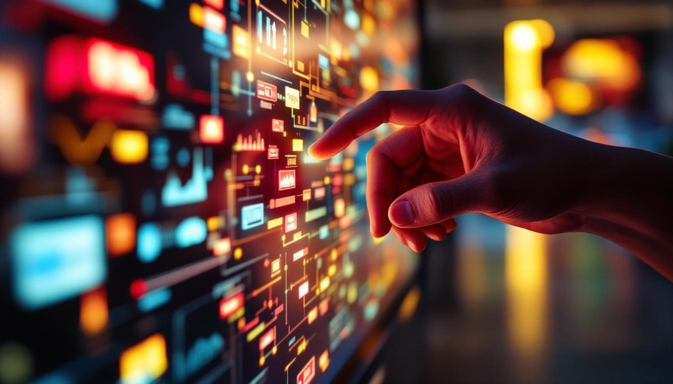 A photograph of a close-up of a vibrant touch screen led display in use
