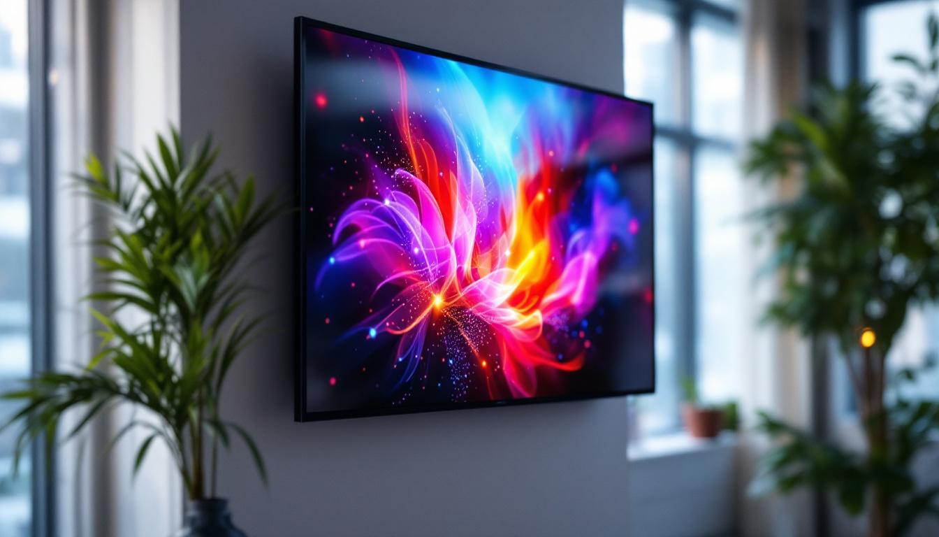 A photograph of a vibrant led display showcasing dynamic content in a modern setting