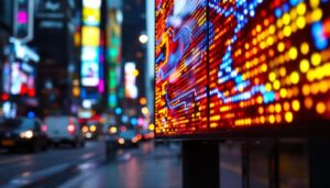 A photograph of a vibrant led display in a dynamic urban setting