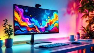 A photograph of a vibrant workspace featuring a sleek led display set up alongside a laptop