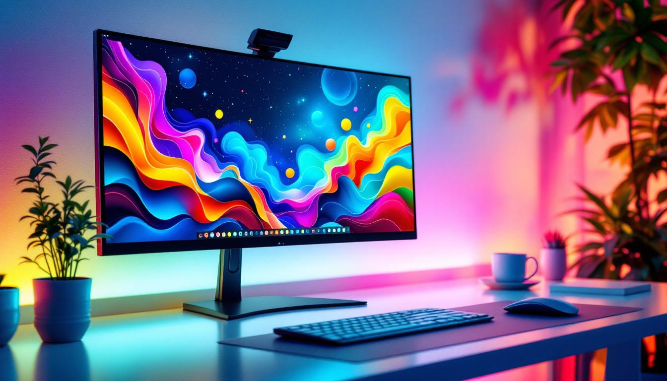 A photograph of a vibrant workspace featuring a sleek led display set up alongside a laptop