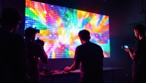 A photograph of a vibrant led display in a dimly lit environment