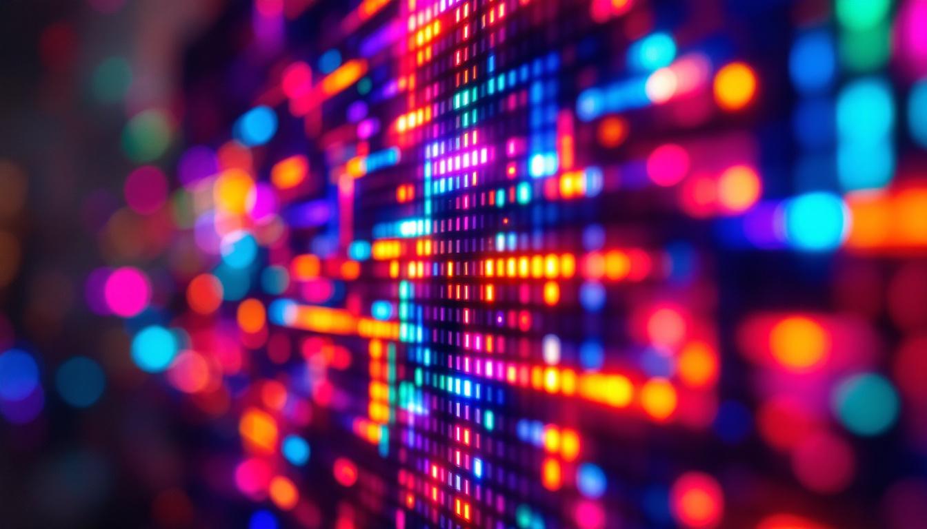 A photograph of a vibrant led display showcasing dynamic colors and intricate pixel patterns