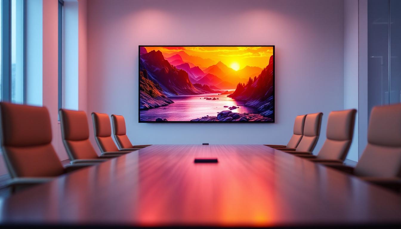 A photograph of a modern conference room featuring a large led display