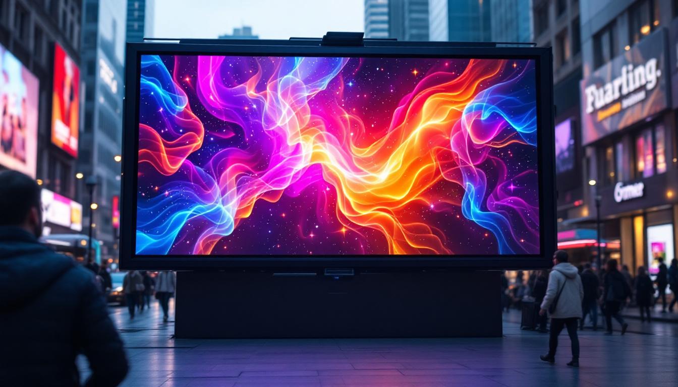 A photograph of a vibrant led display showcasing dynamic visuals in a bustling urban setting
