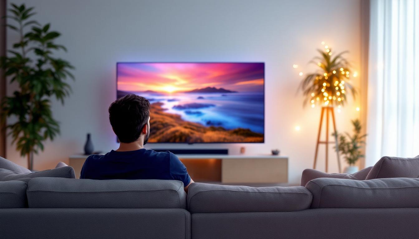 A photograph of a person comfortably seated in a living room