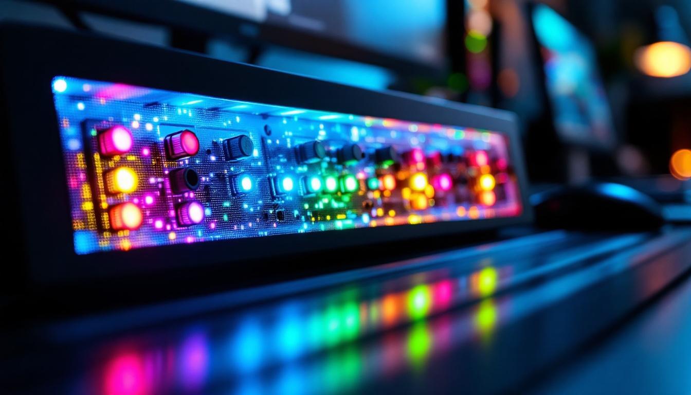 A photograph of capture a photograph of a close-up view of a monitor switch box featuring an illuminated led display