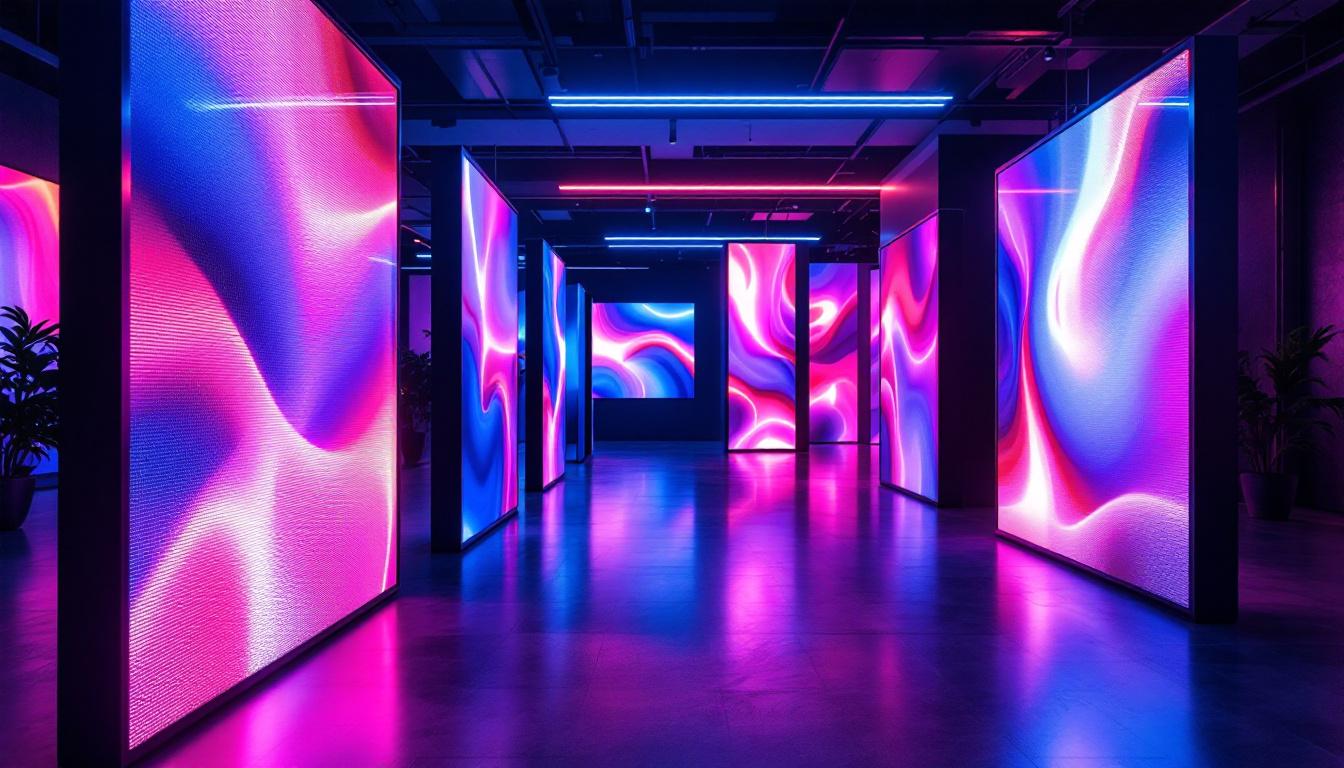 A photograph of a modern interior space featuring temporary partition walls adorned with vibrant led displays