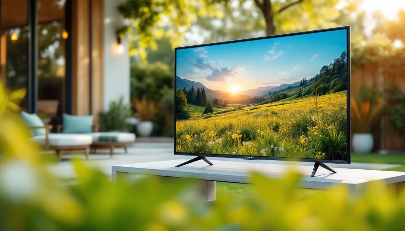 A photograph of a 32-inch led tv set up in an outdoor environment