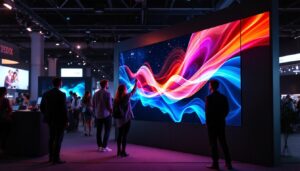 A photograph of a portable wall panel featuring a vibrant led display in a dynamic setting